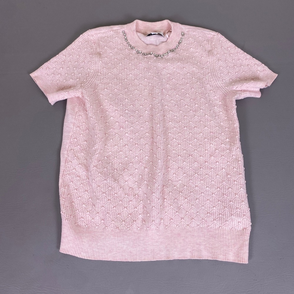 ELLE Sweater Women's XL Pink Short Sleeve Rhinestone Embellished Neckline Cotton
